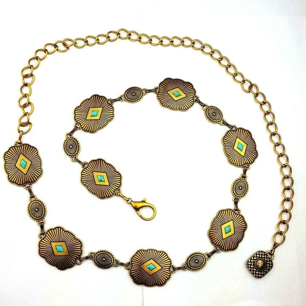Turquoise Stone Big & Small Conchos Chain Belt